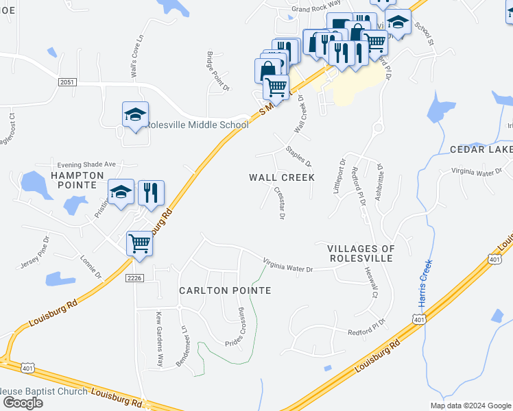 map of restaurants, bars, coffee shops, grocery stores, and more near 416 Green Turret Drive in Rolesville