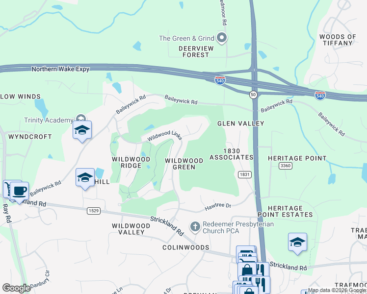 map of restaurants, bars, coffee shops, grocery stores, and more near 8844 Wildwood Links in Raleigh