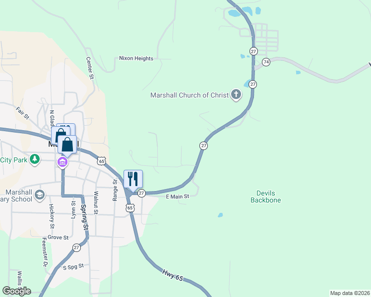 map of restaurants, bars, coffee shops, grocery stores, and more near 403 Arkansas 27 in Marshall
