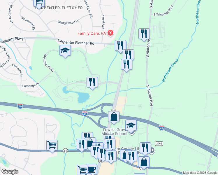 map of restaurants, bars, coffee shops, grocery stores, and more near 2505 Meridian Parkway in Durham