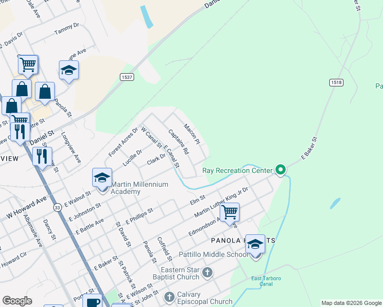 map of restaurants, bars, coffee shops, grocery stores, and more near 1403 Captains Road in Tarboro