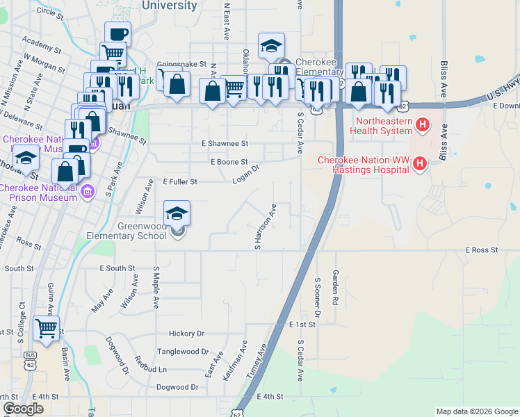 map of restaurants, bars, coffee shops, grocery stores, and more near 203 Greentree Drive in Tahlequah