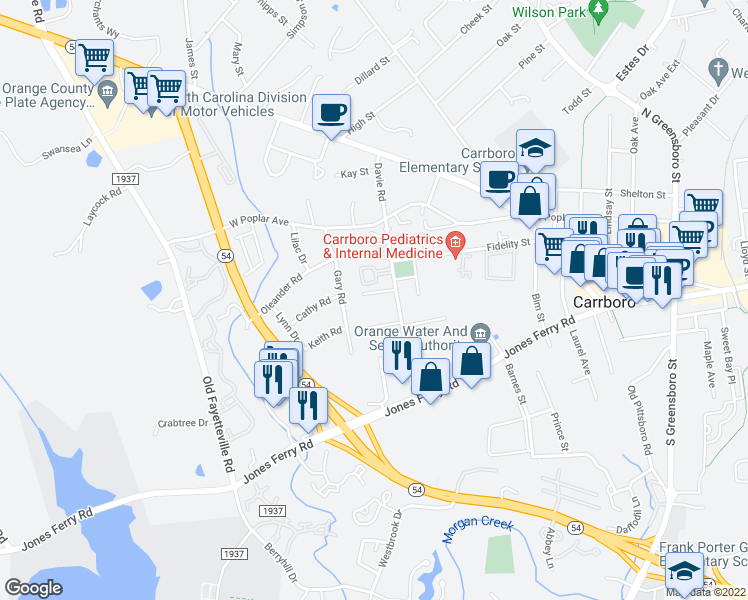 map of restaurants, bars, coffee shops, grocery stores, and more near 105 Colson Street in Carrboro