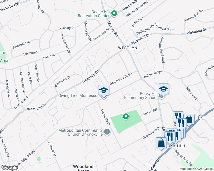 map of restaurants, bars, coffee shops, grocery stores, and more near 7756 Devonshire Drive Southwest in Knoxville
