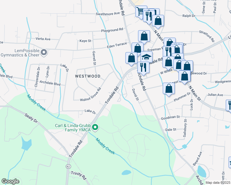 map of restaurants, bars, coffee shops, grocery stores, and more near 106 West Brook Court in Archdale