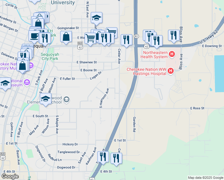map of restaurants, bars, coffee shops, grocery stores, and more near 203 South Harrison Avenue in Tahlequah