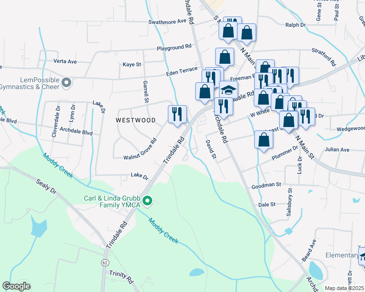 map of restaurants, bars, coffee shops, grocery stores, and more near 1212 Westbrook Ct in Archdale