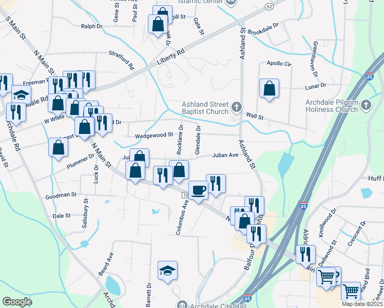 map of restaurants, bars, coffee shops, grocery stores, and more near 3516 Glendale Drive in Archdale