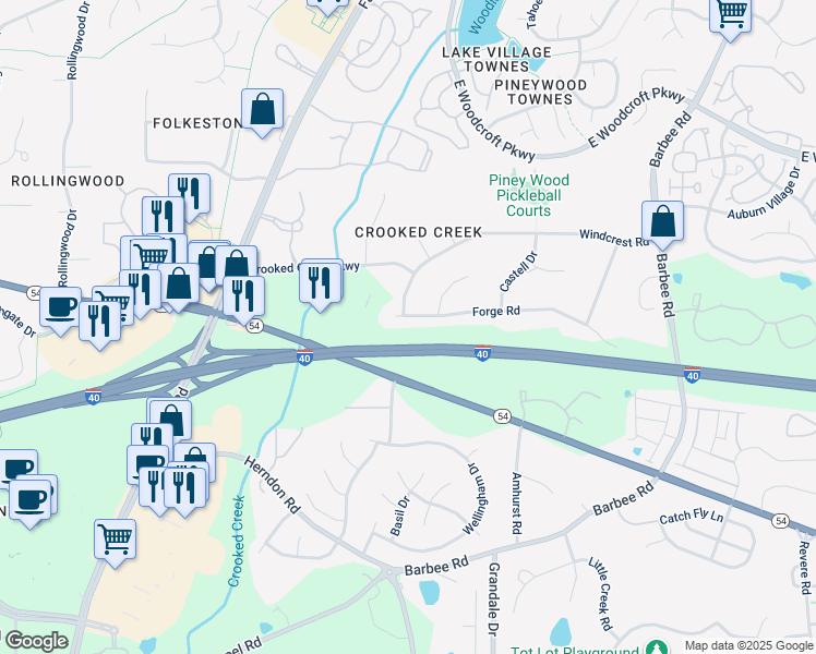 map of restaurants, bars, coffee shops, grocery stores, and more near 600 Forge Road in Durham