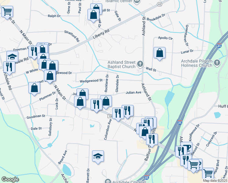 map of restaurants, bars, coffee shops, grocery stores, and more near 3516 Glendale Drive in Archdale