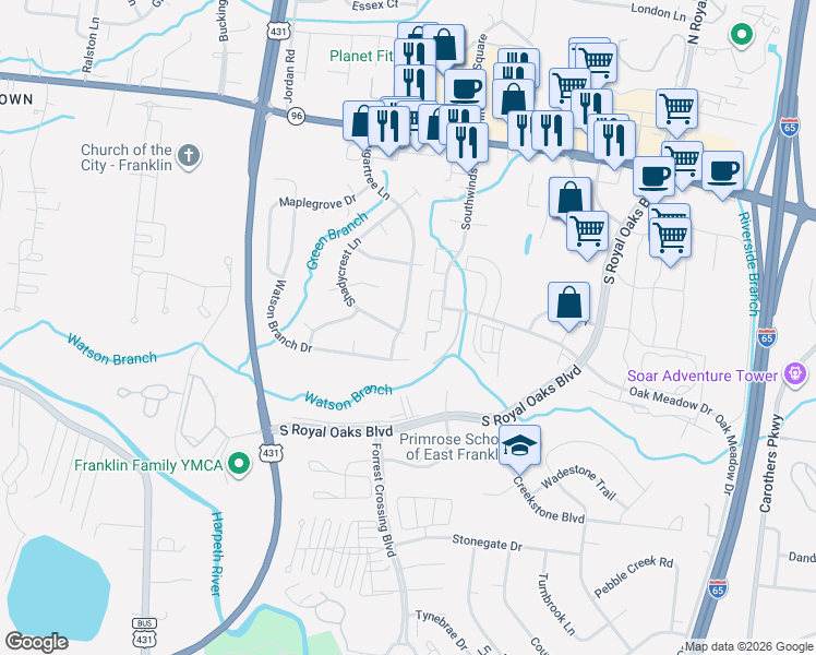 map of restaurants, bars, coffee shops, grocery stores, and more near 730 Shadycrest Lane in Franklin