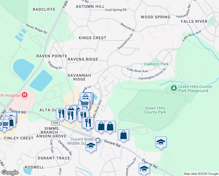 map of restaurants, bars, coffee shops, grocery stores, and more near 10311 Falls Mill Drive in Raleigh