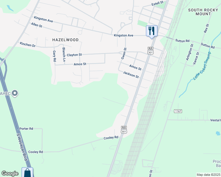 map of restaurants, bars, coffee shops, grocery stores, and more near Ellen Street in Rocky Mount