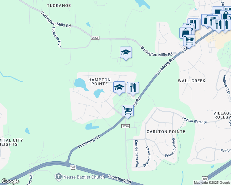 map of restaurants, bars, coffee shops, grocery stores, and more near 807 Pristine Lane in Rolesville