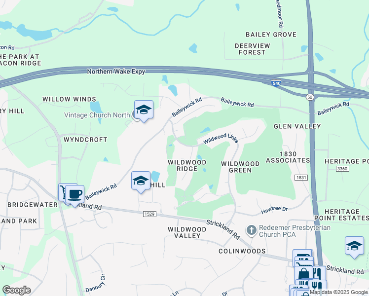 map of restaurants, bars, coffee shops, grocery stores, and more near 9005 Wildwood Links in Raleigh