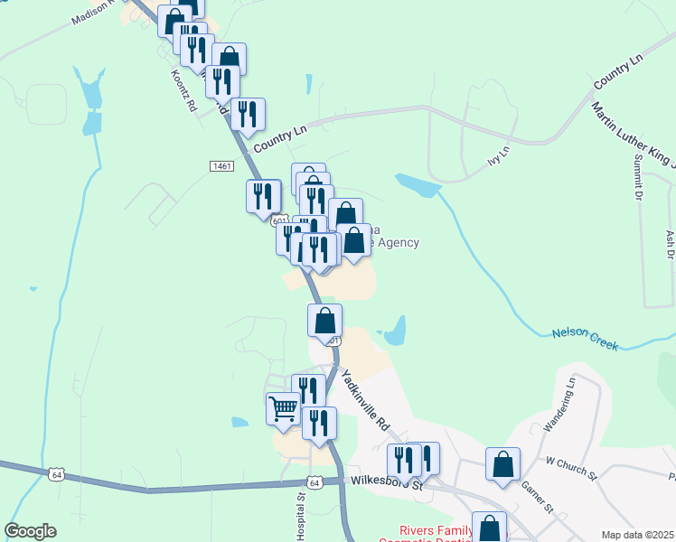 map of restaurants, bars, coffee shops, grocery stores, and more near Yadkinville Road in Mocksville