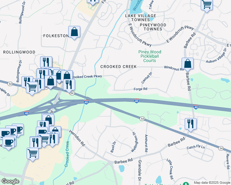map of restaurants, bars, coffee shops, grocery stores, and more near 600 Forge Road in Durham