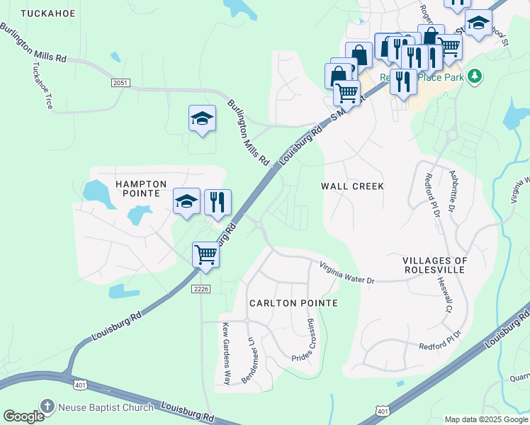 map of restaurants, bars, coffee shops, grocery stores, and more near 9412 Louisburg Road in Wake Forest