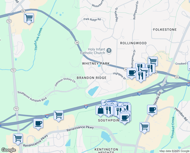 map of restaurants, bars, coffee shops, grocery stores, and more near 692 Audubon Lake Drive in Durham