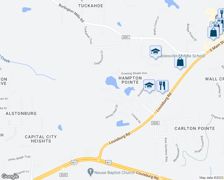 map of restaurants, bars, coffee shops, grocery stores, and more near 926 Pristinee Lane in Rolesville