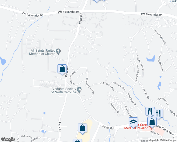 map of restaurants, bars, coffee shops, grocery stores, and more near 11400 Emerald Creek Drive in Raleigh