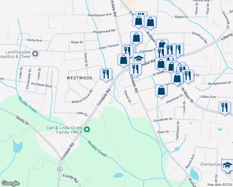 map of restaurants, bars, coffee shops, grocery stores, and more near 1212 Westbrook Ct in Archdale