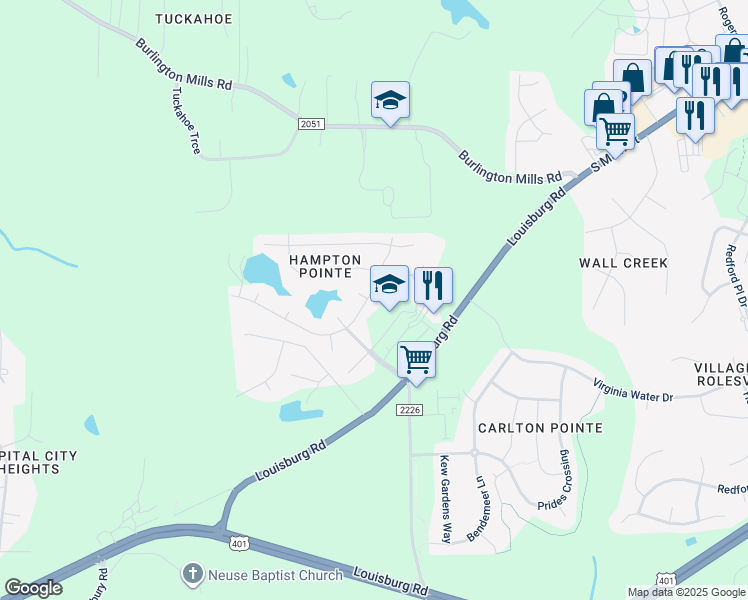 map of restaurants, bars, coffee shops, grocery stores, and more near 807 Pristine Lane in Rolesville