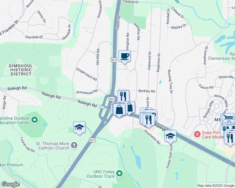 map of restaurants, bars, coffee shops, grocery stores, and more near 33 Maxwell Road in Chapel Hill