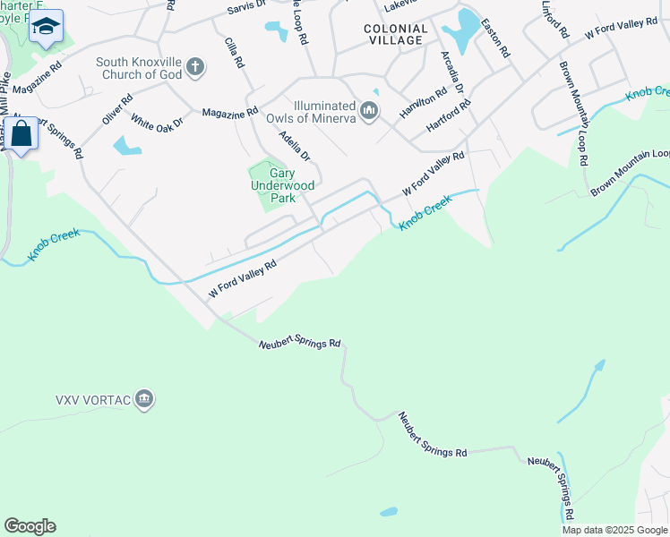 map of restaurants, bars, coffee shops, grocery stores, and more near 712 West Ford Valley Road in Knoxville
