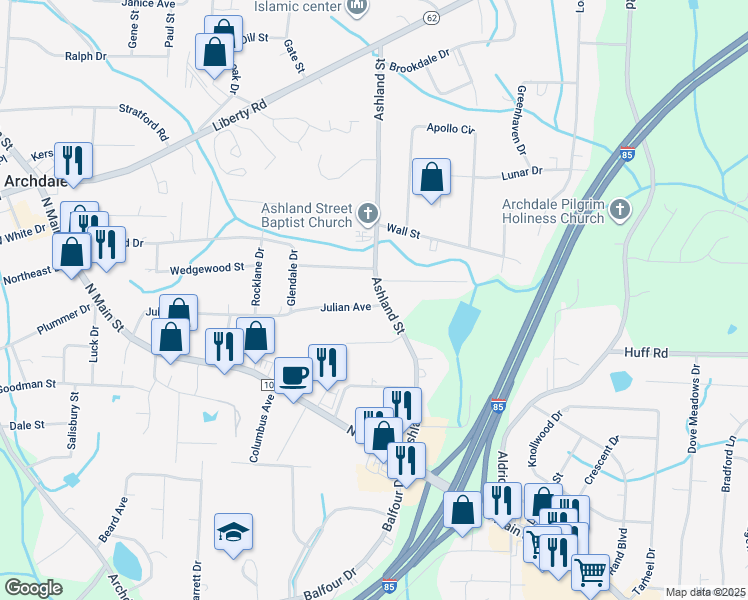 map of restaurants, bars, coffee shops, grocery stores, and more near 221 Ashland Street in Archdale