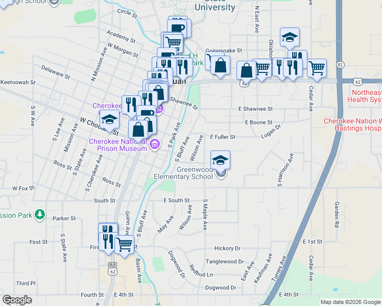 map of restaurants, bars, coffee shops, grocery stores, and more near 232 Wilson Avenue in Tahlequah