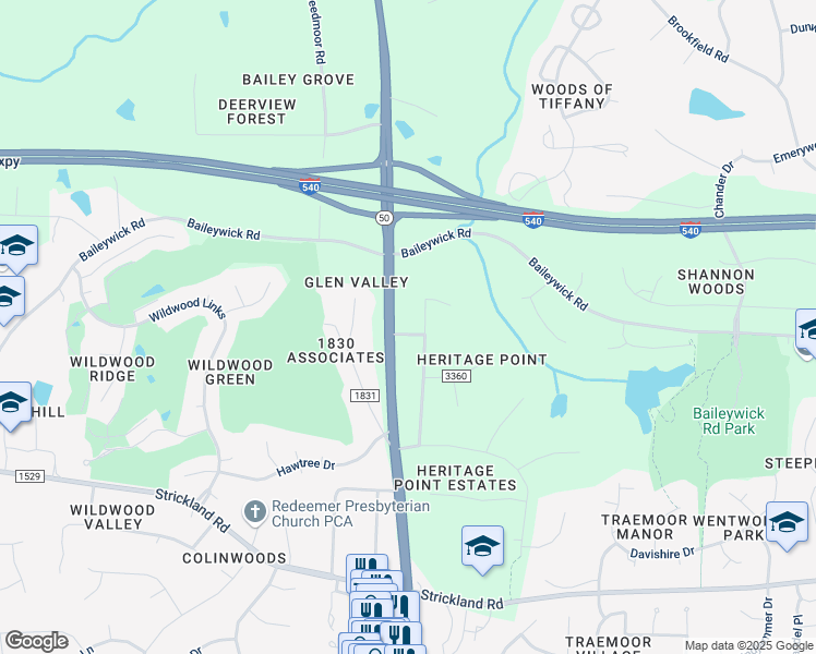 map of restaurants, bars, coffee shops, grocery stores, and more near 8813 Stage Ford Road in Raleigh