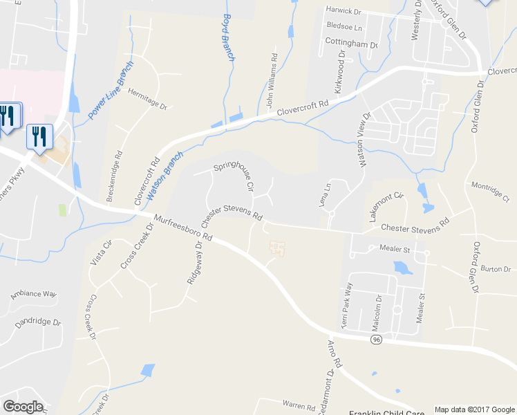 map of restaurants, bars, coffee shops, grocery stores, and more near 356 Springhouse Circle in Franklin