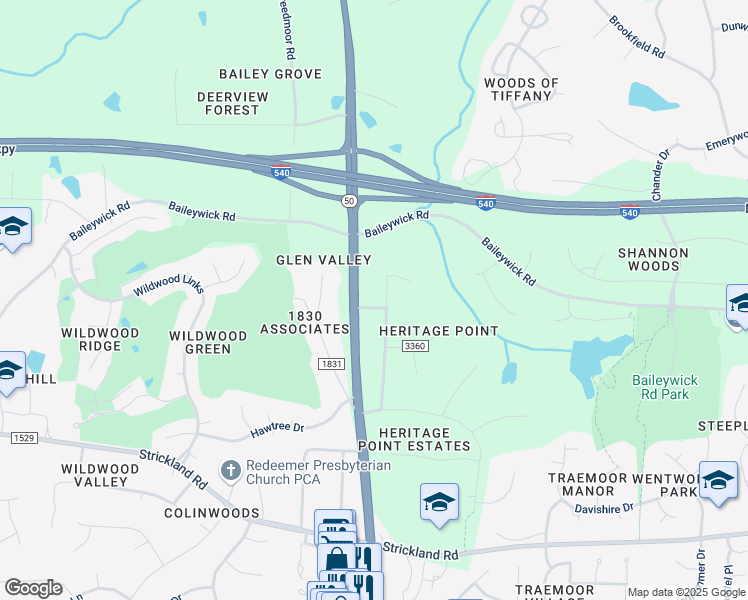 map of restaurants, bars, coffee shops, grocery stores, and more near 8813 Stage Ford Road in Raleigh