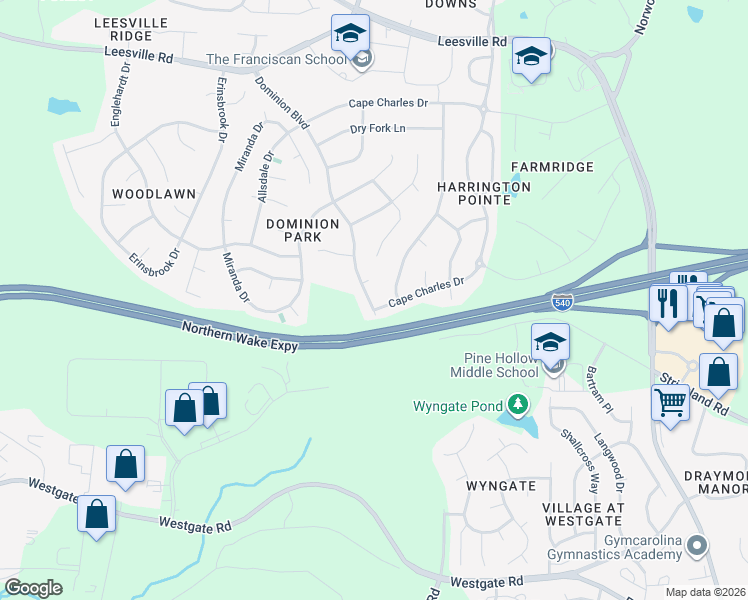 map of restaurants, bars, coffee shops, grocery stores, and more near 9301 Dominion Boulevard in Raleigh