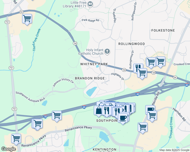 map of restaurants, bars, coffee shops, grocery stores, and more near 692 Audubon Lake Drive in Durham