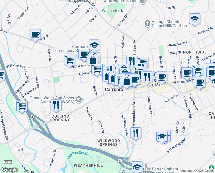 map of restaurants, bars, coffee shops, grocery stores, and more near 106 Laurel Avenue in Carrboro