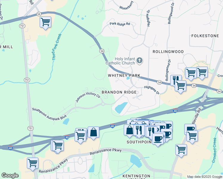 map of restaurants, bars, coffee shops, grocery stores, and more near 600 Audubon Lake Drive in Durham