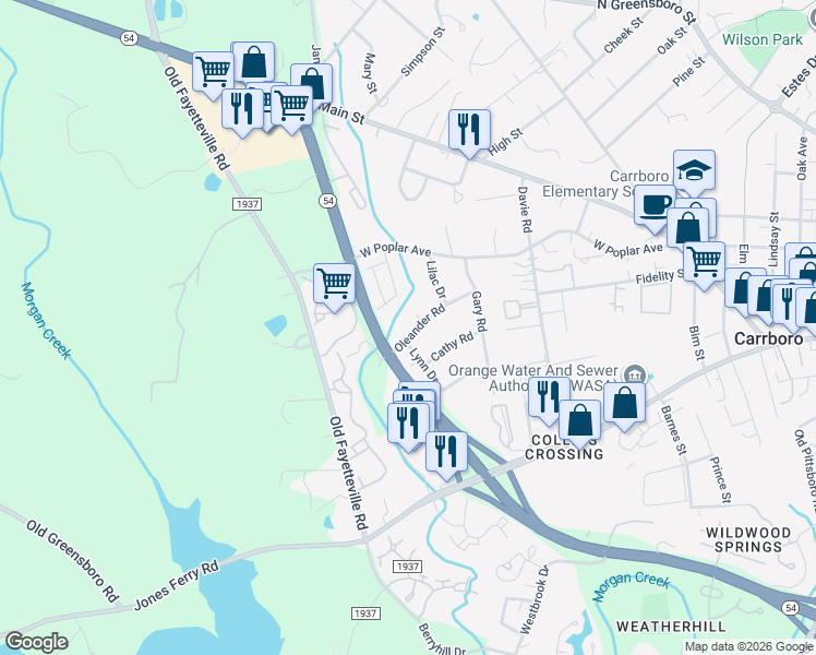 map of restaurants, bars, coffee shops, grocery stores, and more near 209 Oleander Road in Carrboro