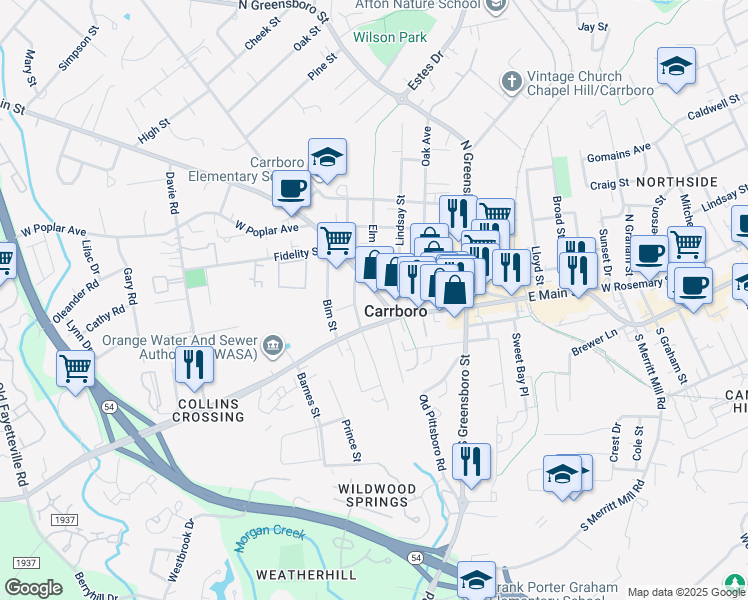 map of restaurants, bars, coffee shops, grocery stores, and more near in Carrboro