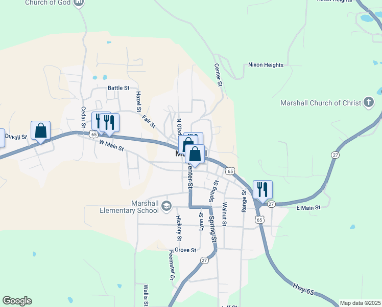 map of restaurants, bars, coffee shops, grocery stores, and more near in Marshall