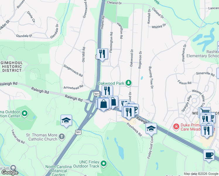 map of restaurants, bars, coffee shops, grocery stores, and more near 56 Maxwell Road in Chapel Hill