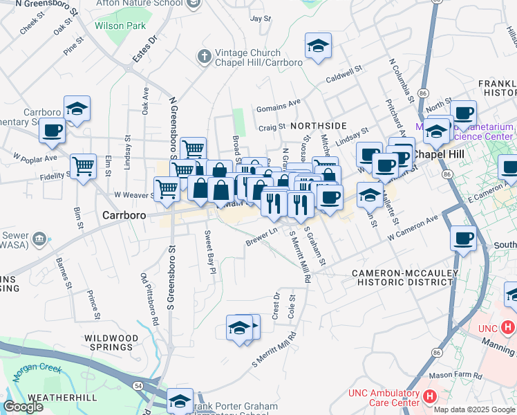map of restaurants, bars, coffee shops, grocery stores, and more near 410 East Main Street in Carrboro