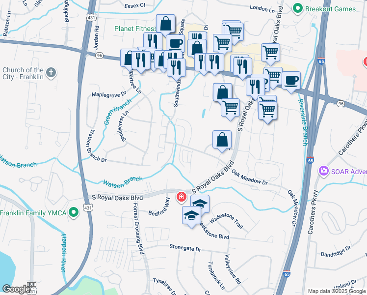 map of restaurants, bars, coffee shops, grocery stores, and more near 700 Oak Meadow Drive in Franklin