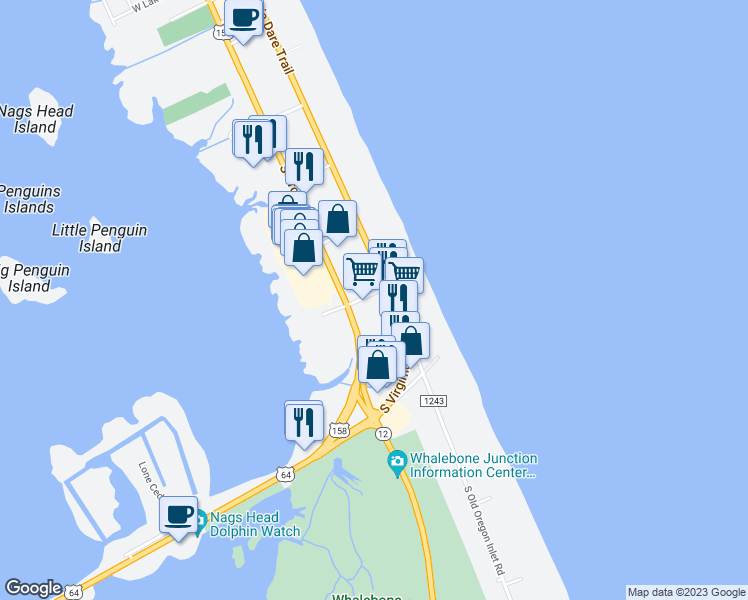 map of restaurants, bars, coffee shops, grocery stores, and more near 111 East Gray Eagle Street in Nags Head