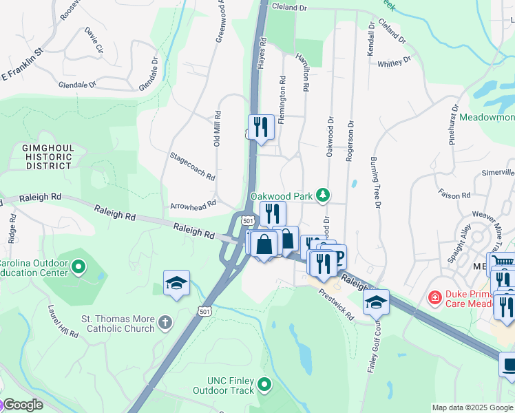 map of restaurants, bars, coffee shops, grocery stores, and more near Lanark Road in Chapel Hill