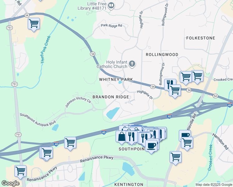 map of restaurants, bars, coffee shops, grocery stores, and more near 600 Audubon Lake Drive in Durham