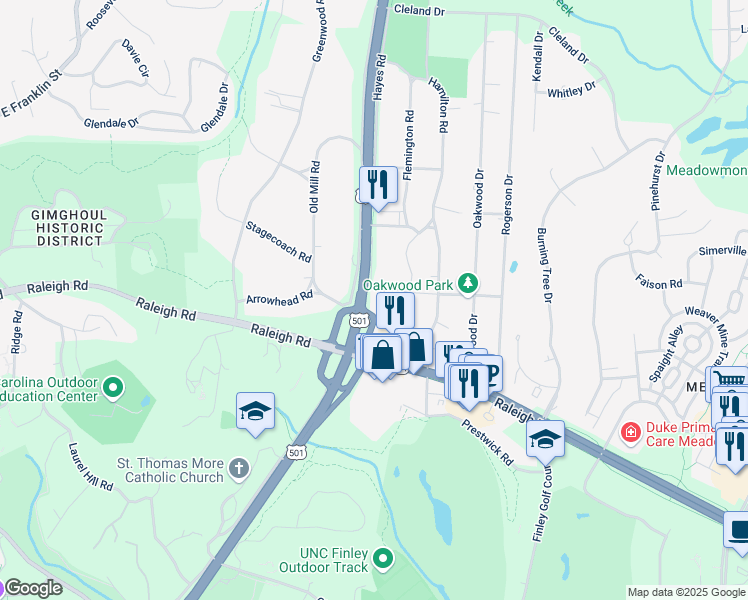 map of restaurants, bars, coffee shops, grocery stores, and more near 100 Lanark Road in Chapel Hill