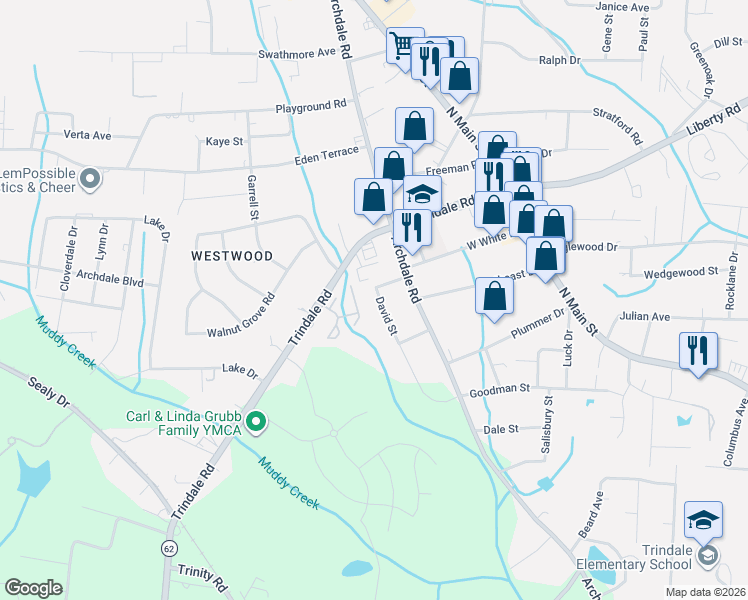 map of restaurants, bars, coffee shops, grocery stores, and more near 814 West Brook Court in Archdale