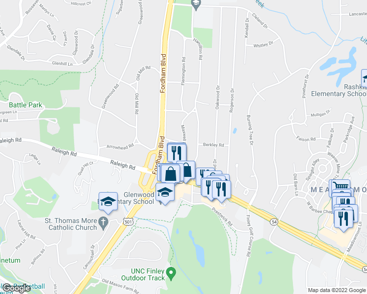 map of restaurants, bars, coffee shops, grocery stores, and more near 100 Maxwell Rd in Chapel Hill